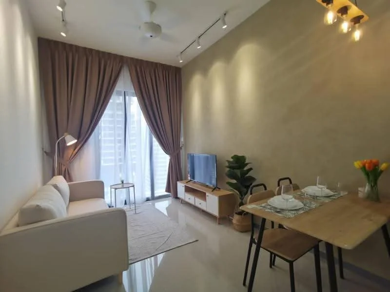 Living features: 3-seater fabric sofa in cream, floor-to-ceiling windows with sheer curtains, light wood TV console, wall-mounted TV, area rug with geometric pattern, recessed downlights, ceiling fan, decorative houseplants in ceramic pots, dining table with 2 chairs, table setting with glasses and flowers; style: modern; view: city.