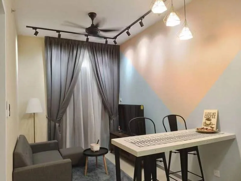 Dining features: grey fabric sofa, black round coffee table, white dining table with bar stools, 3 pendant lights, 5-blade ceiling fan, floor-to-ceiling window with sheer curtains, grey curtains, decorative wall art, textured wall with pastel colors, carpet flooring; style: modern.