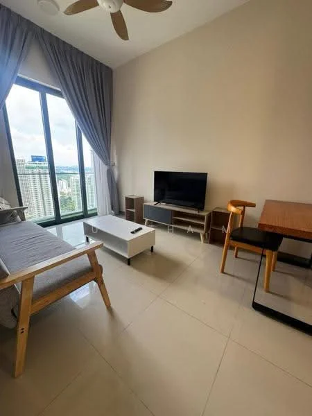 Living features: floor-to-ceiling windows, grey curtains, light beige painted walls, polished ceramic tile flooring, 3-seater fabric sofa in light grey, white coffee table, wall-mounted TV, TV console with storage, wooden dining table, single wooden chair, ceiling fan with light; style: modern; view: city.