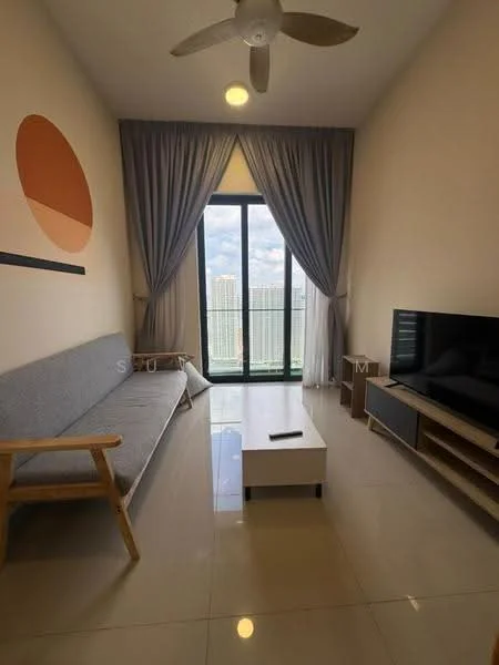 Living features: grey fabric sofa, wooden armchair, white coffee table, floor-to-ceiling windows, curtains in light grey, recessed ceiling lights, ceiling fan, TV console, wall-mounted TV, glossy tile flooring, decorative wall art with orange circle; style: modern; view: city.