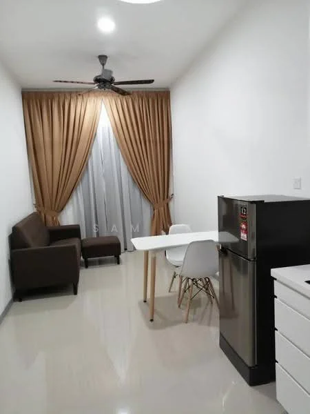 Living features: 3-seater fabric sofa in brown, white dining table for 4, 4 white dining chairs, stainless-steel fridge, ceiling fan with light, curtains in beige, grey sheer curtains, glossy tile flooring, white painted walls, recessed ceiling lights; style: modern.