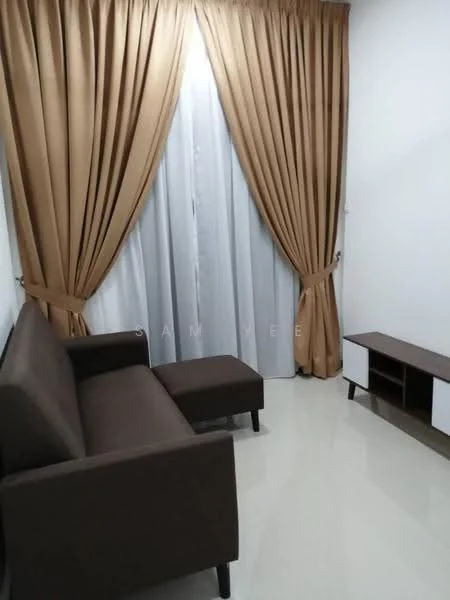 Living features: brown fabric sofa, matching ottoman, white TV console, glossy floor tiles, cream walls, floor-to-ceiling curtains in beige, sheer curtains in grey, recessed lighting; style: modern.