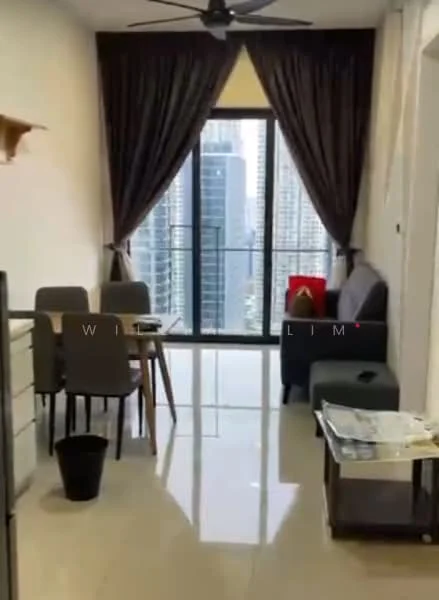 Living features: floor-to-ceiling windows, grey curtains, 3-seater fabric sofa, coffee table, dining table with 4 chairs, polished tile flooring, ceiling fan, decorative wall shelf, black waste bin, newspaper on table; style: modern; view: city.