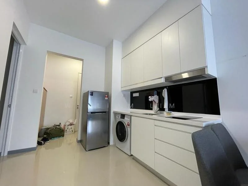Kitchen features: white cabinetry, black backsplash, stainless-steel fridge, front-load washing machine, single-bowl stainless-steel sink, chrome pull-down faucet, countertop with integrated cooktop, tile flooring, recessed downlights; style: modern. Room features: white walls, doorway leading to hallway.