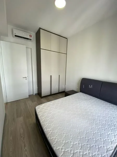 Bedroom features: queen-size bed, upholstered headboard, built-in wardrobe with two-tone cabinetry, white walls, wooden flooring, 1 wall-mounted split AC, recessed ceiling light, door leading to hallway; style: modern.