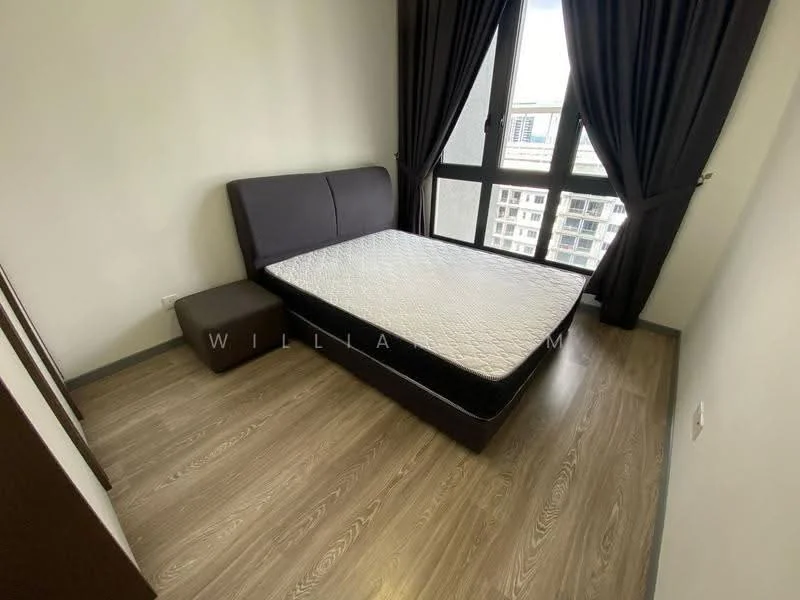 Bedroom features: queen-size bed, upholstered headboard, wooden bedside table, floor-to-ceiling window, blackout curtains, laminate flooring, neutral painted walls, minimalist decor; style: modern; view: city.