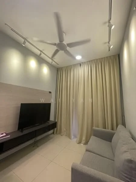 Living features: 3-seater fabric sofa in light grey, wall-mounted TV, TV console in dark wood, recessed LED downlights, ceiling fan, floor-to-ceiling curtains in cream, light-coloured wall with wood paneling, cream tiled flooring; style: modern.