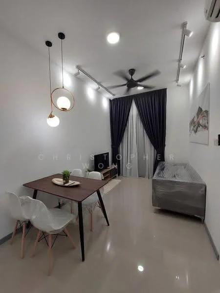 Living features: white painted walls, polished tile flooring, 5-blade ceiling fan with light, recessed LED downlights, pendant lamp, blackout curtains, TV console, wall-mounted TV, dining table with 4 chairs, decorative wall art, area rug; style: modern.