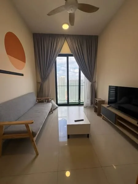 Living features: grey fabric sofa, wooden armchair, white coffee table, wall-mounted TV, light-colored walls, large floor-to-ceiling windows, sheer curtains, ceiling fan, recessed ceiling light, polished tile flooring, decorative wall art with orange circle; style: modern; view: city.