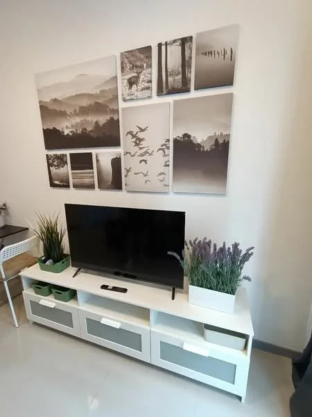 Living features: wall-mounted TV, white TV console with drawers, decorative wall art in black and white, potted plants, grey ceramic planter, light grey tiled flooring, neutral wall colour, minimalist decor; style: modern.