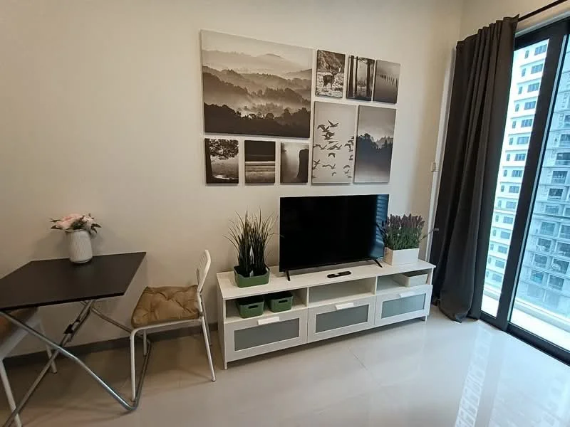 Living features: white painted walls, glossy tile flooring, floor-to-ceiling windows, blackout curtains, wall-mounted TV, white TV console with grey panels, framed artwork on wall, small dining table with folding design, decorative plants in pots, chair with cushion; style: modern; view: city.