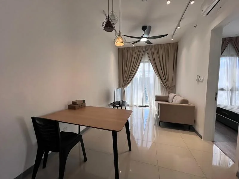 Living features: light grey fabric sofa, wooden dining table, black plastic dining chair, floor-to-ceiling windows, sheer curtains, recessed downlights, ceiling fan with light, glossy tile flooring, wall-mounted TV, decorative pendant lights; style: modern.