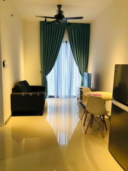 Living features: black fabric sofa, white dining table, 4 white dining chairs, stainless-steel fridge, flat-screen TV on console, ceiling fan, floor-to-ceiling windows, green curtains, glossy tile flooring, neutral painted walls; style: modern.