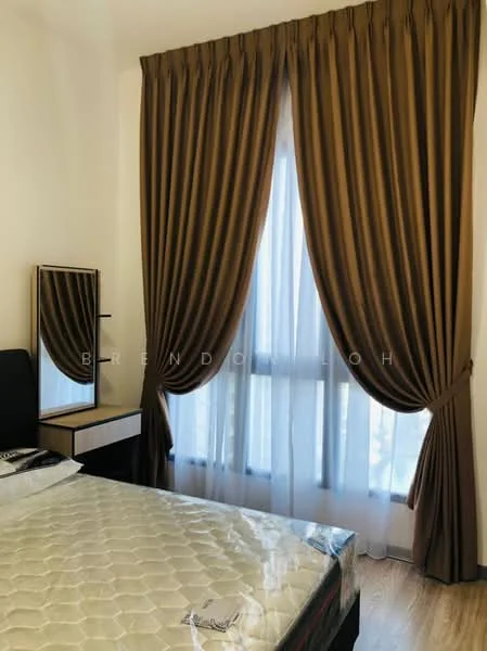 Bedroom features: queen-size bed, upholstered headboard, nightstand with drawer, floor-to-ceiling window, sheer curtains, brown blackout curtains, wooden flooring, decorative mirror; style: modern.