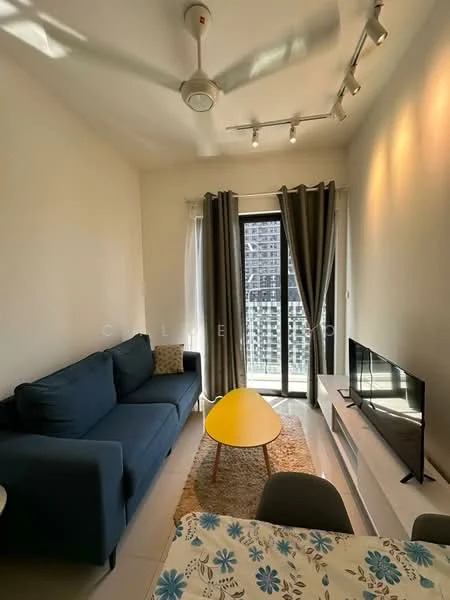 Living features: 3-seater fabric sofa in blue, round coffee table with yellow top, TV console, wall-mounted TV, area rug, floor-to-ceiling windows, sheer curtains, recessed downlights, ceiling fan with light, decorative wall art; style: modern; view: city.