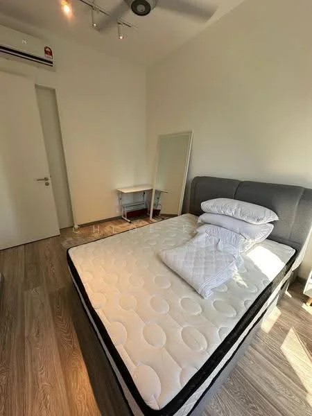 Bedroom features: queen-size bed, upholstered headboard, wooden flooring, ceiling fan, mirror, desk, white walls, natural light from window; style: modern.