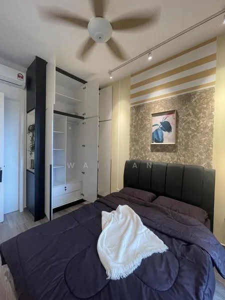 Bedroom features: king-size bed with upholstered headboard, bedding in dark purple, white throw blanket, wall-mounted artwork with floral design, feature wall with textured wallpaper, built-in wardrobe with sliding doors, open shelving unit, recessed ceiling lights, ceiling fan, wooden flooring; style: modern.