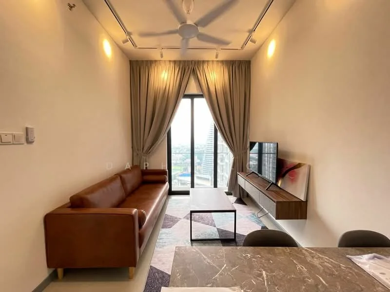 Living features: 3-seater leather sofa in brown, coffee table, wall-mounted TV, TV console with wood finish, floor-to-ceiling windows, sheer curtains, recessed downlights, ceiling fan, area rug with geometric pattern, decorative wall art; style: modern; view: city.
