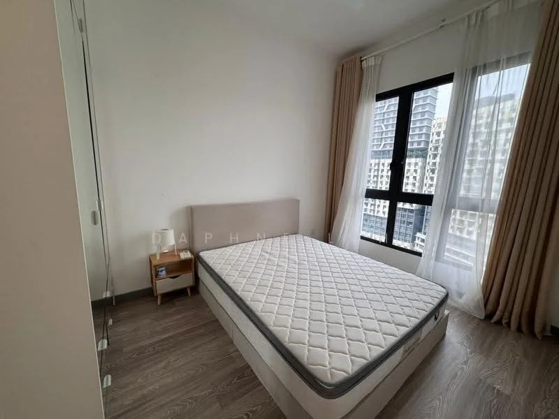 Bedroom features: queen-size bed, upholstered headboard, wooden bedside table, floor-to-ceiling windows, sheer curtains, laminate flooring, white painted walls, built-in wardrobe with mirrored doors; style: modern; view: city.