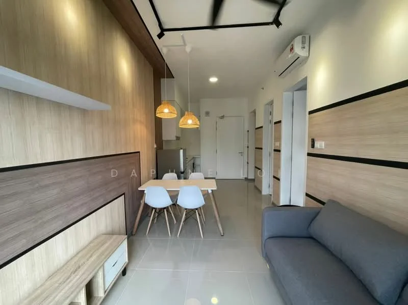 Living features: grey fabric sofa, white dining table, 3 white dining chairs, wood panel accent wall, light wood cabinetry, recessed ceiling lights, pendant lights above dining table, glossy tile flooring, air conditioning unit on wall, white walls with black accent stripes, open layout to kitchen area, door leading to hallway; style: modern.