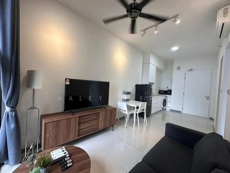 Living features: 3-seater fabric sofa in dark grey, wooden TV console, wall-mounted flat-screen TV, ceiling fan with light, white painted walls, tile flooring, large window with grey curtains, decorative plant in ceramic pot, coffee table, dining table for 2 with white chairs, refrigerator, built-in oven, washing machine, microwave; style: modern.
