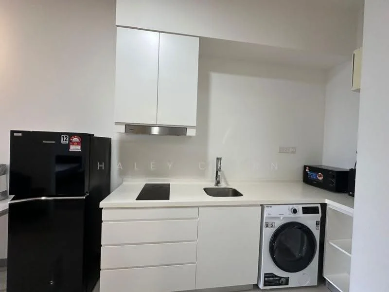 Kitchen features: white cabinetry, black countertop, single-bowl stainless-steel sink, chrome pull-down faucet, built-in oven, microwave, stainless-steel fridge, front-load washing machine, exhaust hood, tile flooring, wall-mounted cabinets, open shelving; style: modern.