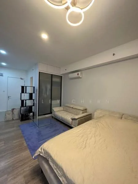 Bedroom features: queen-size bed with beige bedding, sofa in light grey, blue area rug, wooden flooring, white painted walls, recessed ceiling lights, 1 wall-mounted split AC, sliding glass wardrobe, decorative ceiling light fixture; style: modern.