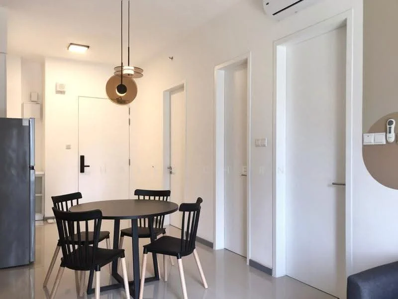 Dining features: round dining table, 4 black dining chairs, pendant lamp, white painted walls, grey tiled flooring, air conditioning unit, door leading to hallway, door leading to kitchen; style: modern.