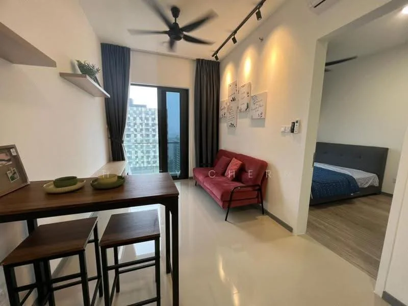 Living features: 3-seater fabric sofa in red, wooden dining table with 2 stools, floor-to-ceiling windows, curtains in grey, ceiling fan, light-colored walls, polished tile flooring, decorative wall art; style: modern; view: city. Bedroom features: queen-size bed with grey upholstered headboard, bedding in blue, wall-mounted light fixtures, built-in wardrobe, light-colored walls, polished tile flooring; style: modern.