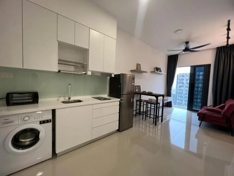 Kitchen features: white cabinetry, stainless-steel fridge, built-in oven, microwave, single-bowl stainless-steel sink, chrome pull-down faucet, ceramic tile backsplash, washing machine, black countertop, 4-burner gas hob, pendant light, 5-blade ceiling fan, floor-to-ceiling windows, sliding glass door; style: modern; view: city. Living features: 2-seater fabric sofa in red, wood dining table for 2, black dining chairs, area rug, curtains, wall-mounted TV; style: modern; view: city.