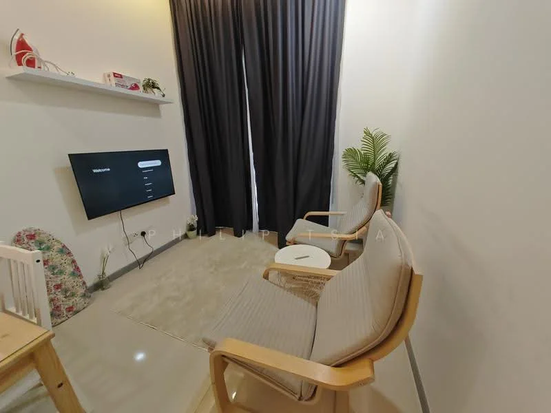 Living features: two beige armchairs with wooden frames, white side table, wall-mounted flat-screen TV, grey curtains, light-colored flooring, decorative shelf with items, potted plant, textured wall, area rug; style: modern.