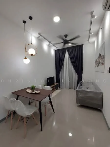 Living features: white painted walls, polished tile flooring, 5-blade ceiling fan with light, recessed downlights, hanging pendant lights, dining table with 4 chairs, sofa covered with protective plastic, TV console, floor-to-ceiling curtains, decorative artwork on wall; style: modern.