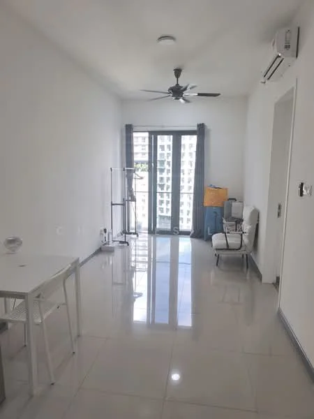 Living features: white painted walls, glossy tile flooring, 5-blade ceiling fan with light, floor-to-ceiling windows, sliding glass door, curtains, dining table with 4 chairs, armchair, lamp, decorative wall art; style: modern; view: city.