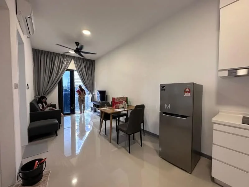 Living features: grey fabric sofa, wooden dining table, 4 dining chairs, stainless-steel fridge, floor-to-ceiling windows, sliding glass door, curtains, recessed downlights, polished tile flooring, ceiling fan; style: modern; view: city.