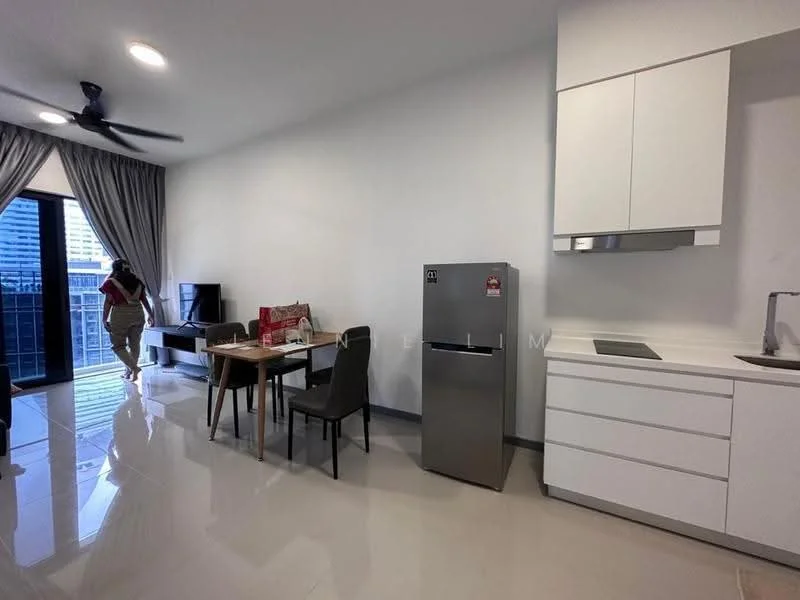 Living features: grey tiled flooring, white painted walls, recessed downlights, 5-blade ceiling fan, floor-to-ceiling windows, sliding glass door, blackout curtains, TV console, wall-mounted TV, dining table with 4 chairs, stainless-steel fridge, white cabinetry, kitchen countertop, sink; style: modern; view: city.