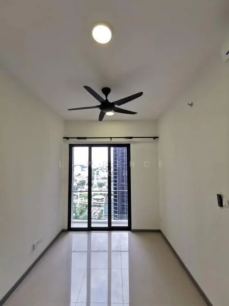 Room features: white painted walls, polished tile flooring, 5-blade ceiling fan, floor-to-ceiling sliding glass door, blackout curtains, city view, recessed lighting; style: modern; view: city.
