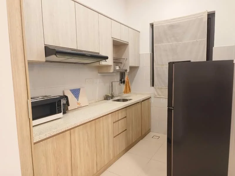 Kitchen features: light wood cabinetry, granite countertop, stainless-steel sink, chrome pull-down faucet, built-in microwave, black refrigerator, white tiled backsplash, ceramic tile flooring, window with sheer curtains, exhaust hood, kitchen utensils on countertop; style: modern.
