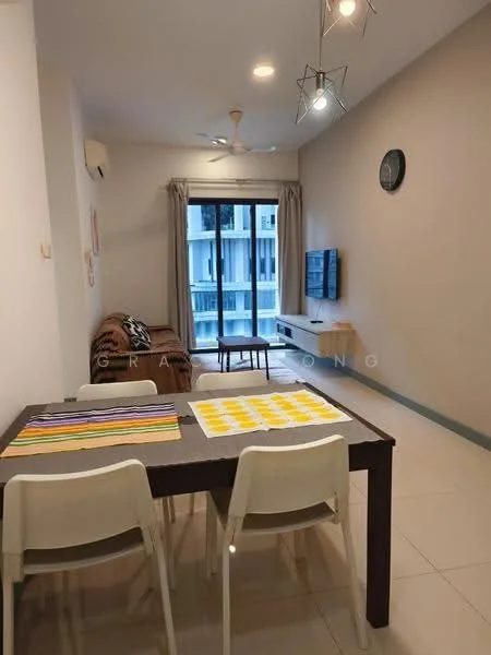 Living features: 3-seater fabric sofa in brown, wall-mounted TV, TV console, dining table with 4 white chairs, ceiling fan, recessed downlights, floor-to-ceiling window, curtains, light-colored walls, tile flooring; style: modern.