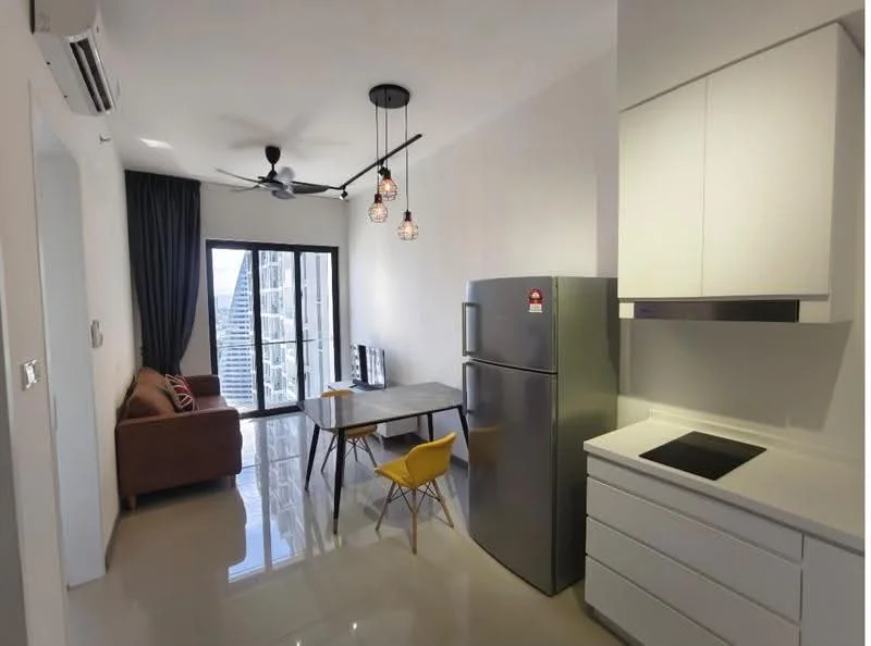 Living features: grey fabric sofa, glass coffee table, wall-mounted TV, dining table with 4 chairs, yellow dining chair, stainless-steel fridge, white cabinetry, black countertop, recessed downlights, 5-blade ceiling fan, floor-to-ceiling windows, curtains, marble tile flooring, city view; style: modern; view: city.
