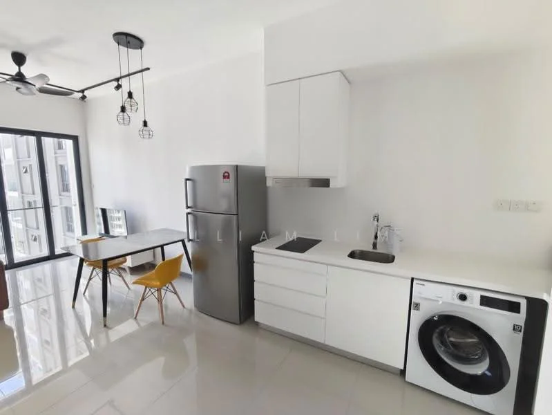 Kitchen features: white cabinetry, stainless-steel fridge, single-bowl stainless-steel sink, chrome pull-down faucet, built-in oven, front-load washing machine, 4-burner gas hob, pendant lighting, ceiling fan, dining table with four chairs, white countertop, tile flooring, floor-to-ceiling windows; style: modern; view: city.