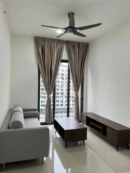 Living features: grey fabric sofa, wood coffee table, TV console, floor-to-ceiling windows, sheer curtains, dark wood flooring, 5-blade ceiling fan with light, white painted walls, recessed downlights; style: modern; view: city.