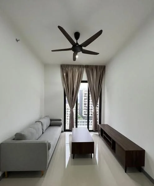 Living features: 3-seater fabric sofa in grey, wooden coffee table, TV console, floor-to-ceiling windows, sheer curtains, 5-blade ceiling fan, white painted walls, glossy tile flooring; style: modern; view: city.