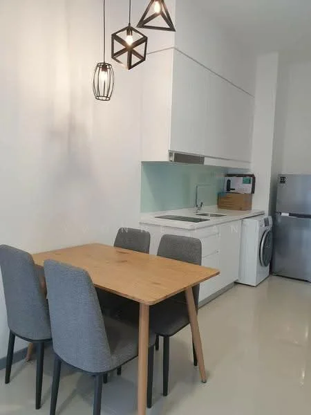 Kitchen features: white cabinetry, light green backsplash, stainless-steel sink, chrome pull-down faucet, built-in oven, freestanding fridge, front-load washing machine, 4-seater dining table, grey upholstered dining chairs, pendant lighting, polished tile flooring, recessed downlights; style: modern.