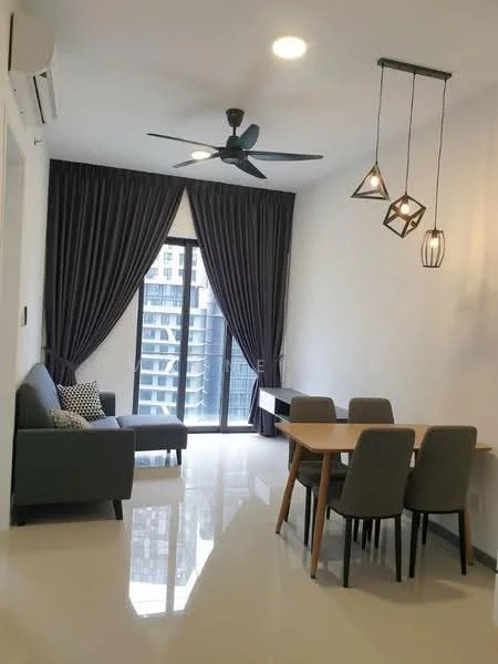 Living features: 3-seater fabric sofa in grey, coffee table, dining table with 4 upholstered chairs, floor-to-ceiling windows, sheer curtains, blackout curtains, 5-blade ceiling fan with light, recessed downlights, polished tile flooring, decorative pendant lights; style: modern; view: city.