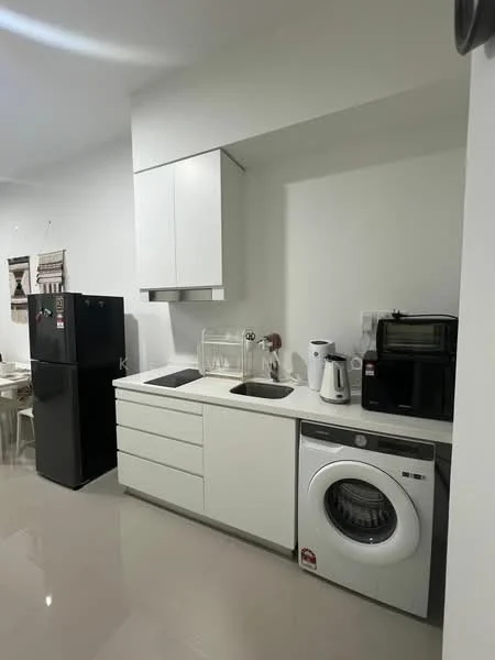 Kitchen features: white cabinetry, black countertop, stainless-steel sink, chrome pull-down faucet, built-in microwave, black coffee machine, front-load washing machine, stainless-steel fridge, ceramic tile flooring, recessed downlights, open shelving, glassware on display; style: modern.
