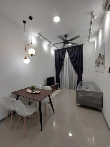 Living features: white painted walls, polished tile flooring, 5-blade ceiling fan with light, recessed downlights, hanging pendant lights, dining table with wooden top and black legs, 4 white dining chairs, TV console, wall-mounted TV, curtains in dark fabric, decorative artwork on wall; style: modern.