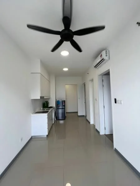 Kitchen features: white cabinetry, stainless-steel sink, chrome pull-down faucet, built-in oven, freestanding range oven, refrigerator, ceramic tile flooring, recessed downlights, 5-blade ceiling fan, air conditioning unit, white walls, open layout; style: modern.