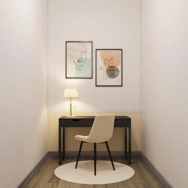 Study features: white painted walls, wooden flooring, desk with drawer, upholstered chair, table lamp, framed artwork, round area rug; style: modern.