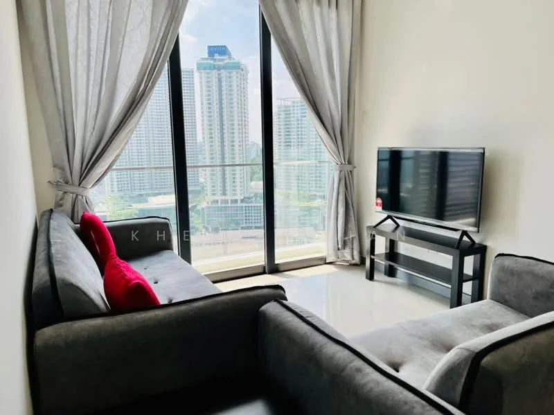 Living features: 2-seater fabric sofa in grey, 3-seater fabric sofa in grey, red decorative cushions, black TV console, wall-mounted TV, floor-to-ceiling windows, sheer curtains, city skyline view, polished tile flooring, neutral painted walls; style: modern; view: city.