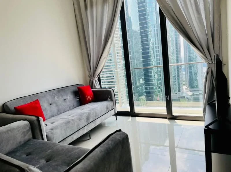Living features: grey fabric sofa with red cushions, 2-seater sofa, floor-to-ceiling windows, sheer curtains, polished tile flooring, TV console, wall-mounted TV, decorative wall, city view; style: modern; view: city.